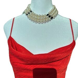 Vintage Triple Strand Faux Pearl & Black Bead Statement Necklace Classic Choker